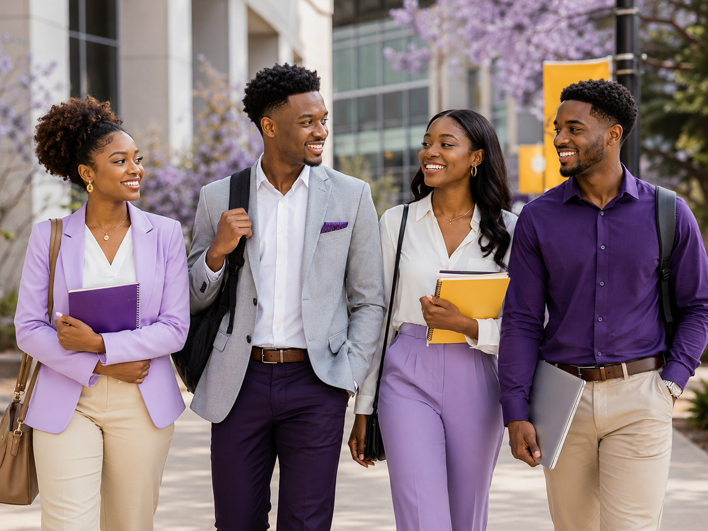 Four professional young African students walking together on a university campus