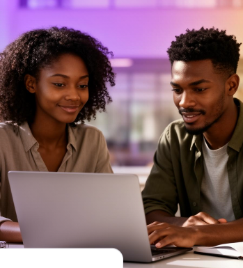African students collaborating on a laptop in a campus library