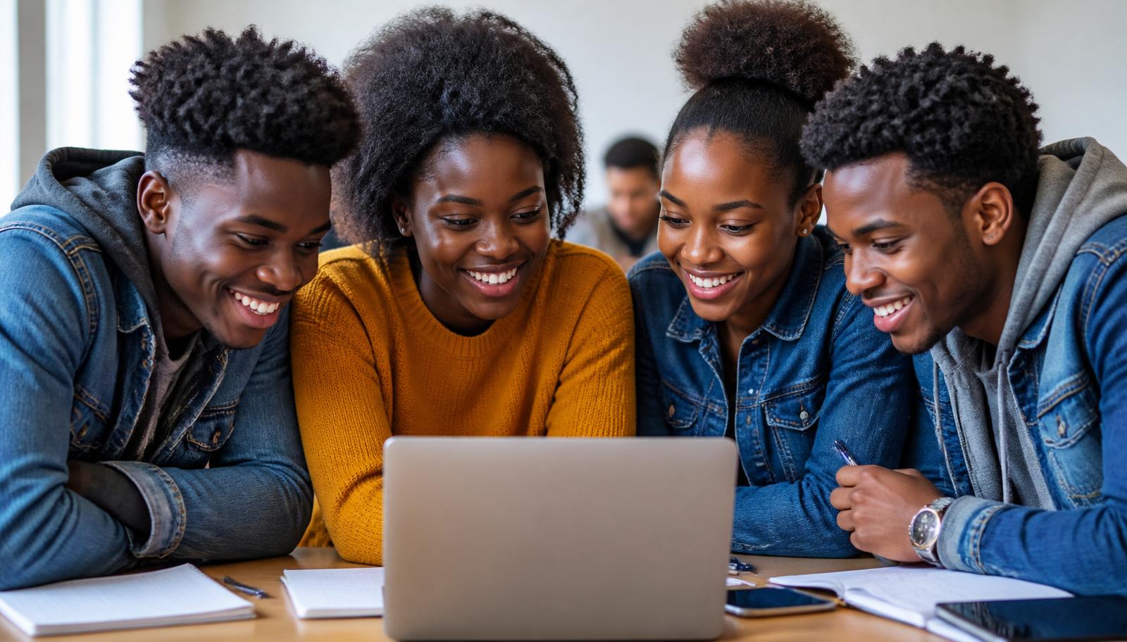 Four smiling students collaborating on a laptop